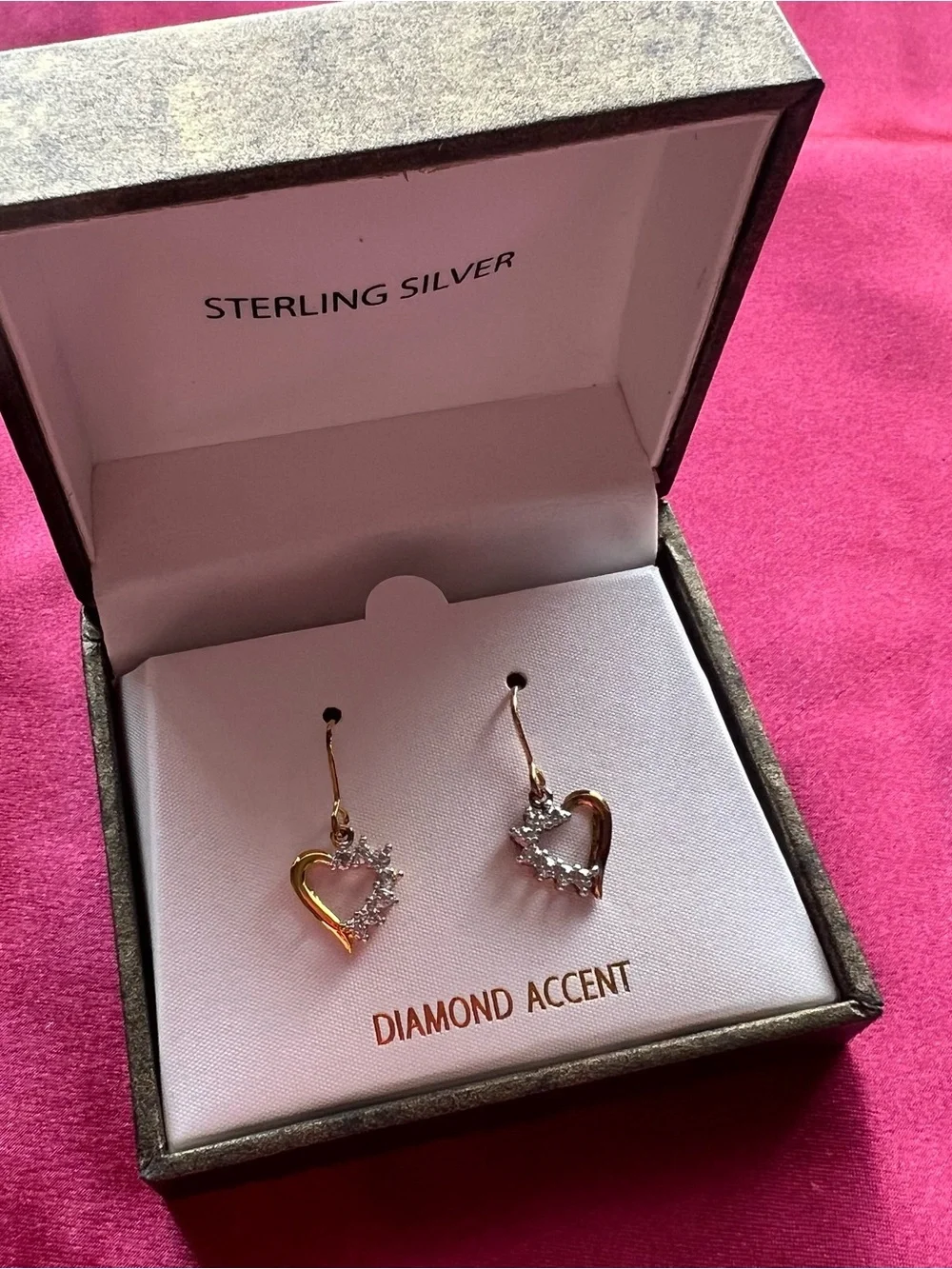 Sterling Silver Heart Drop Earrings with Diamond Accent - Gold & Silver